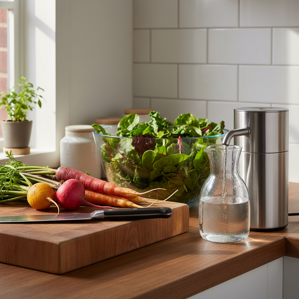 A rustic yet tidy kitchen counter showcasing self-reliant food preparation: a wooden cutting board with freshly harvested root vegetables, a stainless-steel knife, and a large glass bowl of vibrant salad greens washed and ready. Beside them sits a compact, stainless countertop water filter with a glass carafe half-filled with crystal-clear water, droplets visible on the outside. The background features simple white tile and minimal clutter. Late afternoon natural light streams in from the left, creating soft highlights on the metal and gentle shadows on the wood. Captured from a slightly elevated angle in photographic realism, the composition uses the rule of thirds to convey a calm, responsible, and health-focused atmosphere.