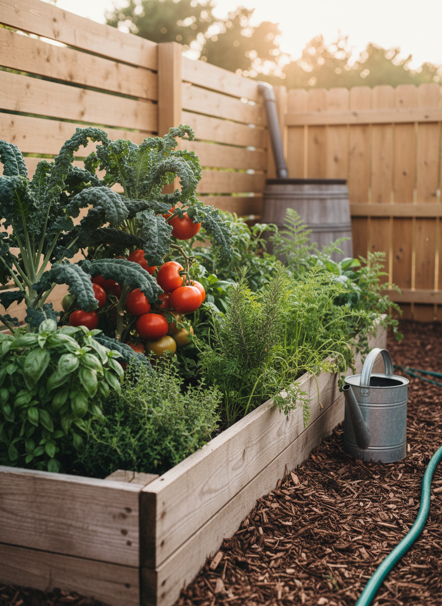 A backyard raised garden bed overflowing with mature, healthy vegetable plants: deep-green kale leaves, bright red tomatoes on the vine, bushy herbs, and neatly spaced carrots with feathery tops. The wooden bed, slightly weathered but solid, sits on mulched ground with a coiled garden hose and a metal watering can nearby. In the background, a simple wooden fence and a small rain barrel suggest thoughtful water conservation. Soft golden hour sunlight bathes the scene, creating warm highlights on leaves and a gentle bokeh in the distant fence boards. Photographed from a low, slightly angled perspective in photographic realism, the mood is hopeful, self-reliant, and quietly productive.